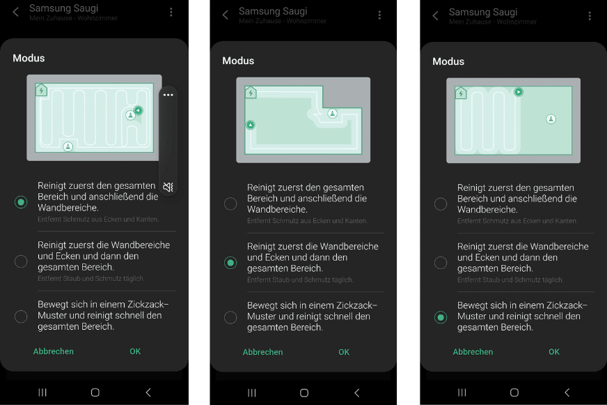 Reinigungsmodus wird in der Samsung Jet Bot App eingestellt.